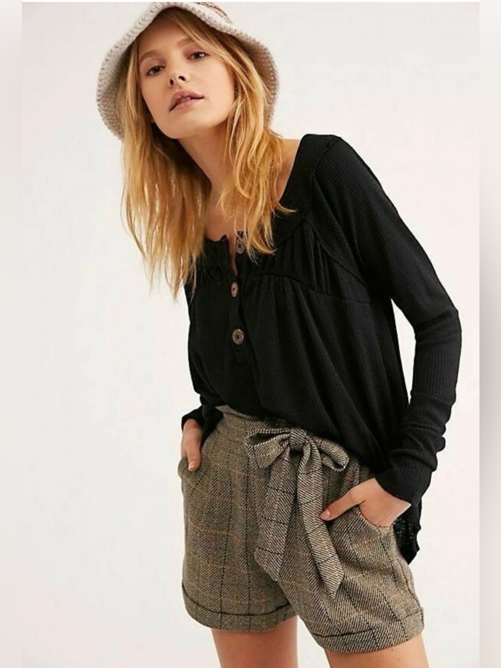 Free People We The Free Black Waffle Knit Long Sleeve Henley Shirt Size Large